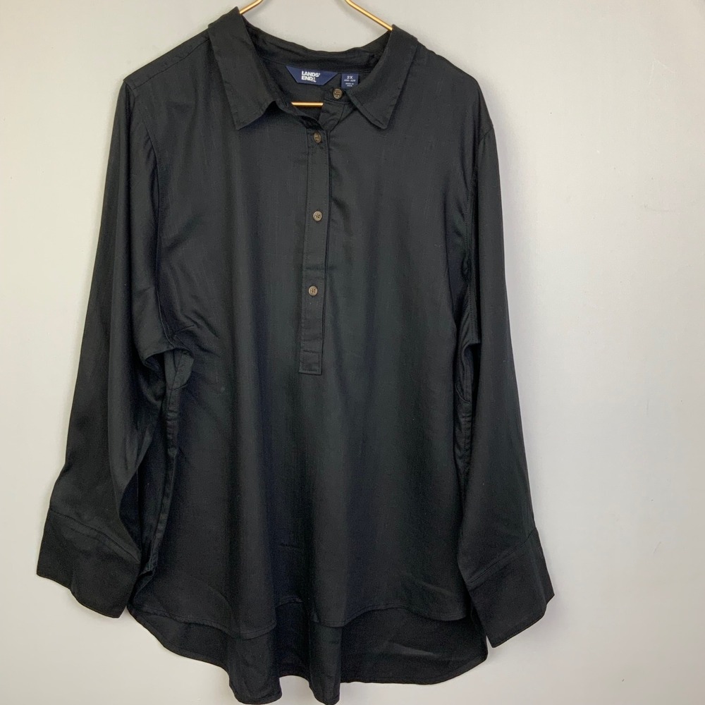 NWT Lands End Sz 2X Black Tencel Lyocell Popover Blouse Top Collared Mnimalist